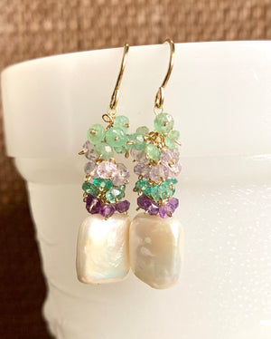 #495 pearl green&purple cluster earrings