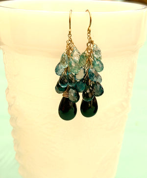 #766 block, Onyx, London, blue topaz, Swiss blue topaz, aquamarine drops earrings