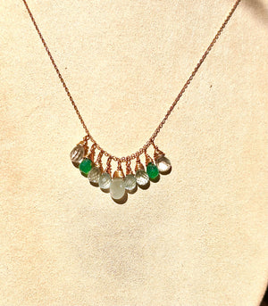 #740 aquamarine, green onyx, blue topaz drops 18” necklace