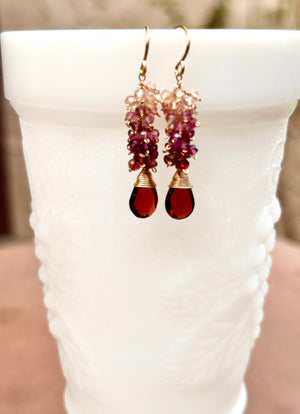 #667 Garnet ombré long cluster earrings