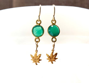 #714 mini cannabis charm green onyx round earrings