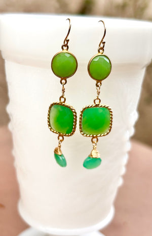 #690 chrysoprase drop, rectangle, round earrings