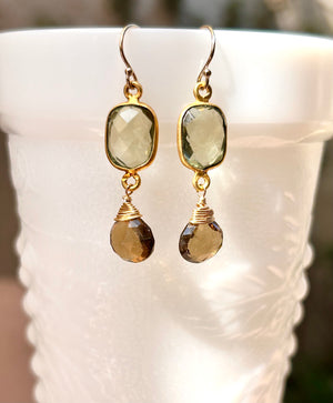 #804 whiskey citrine drops/peridot rectangle earrings