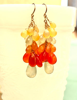 #761 yellow prenite, orange carnelian, yellow chalcedony drops earrings