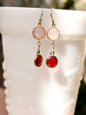 #802 round garnet/rose quartz earrings