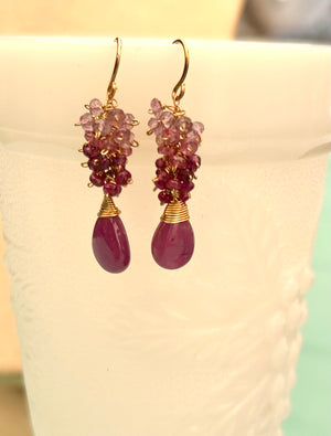 #752 ruby drops with ruby/amethyst cluster earrings