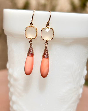 #657 pink coral teardrop & moonstone earrings