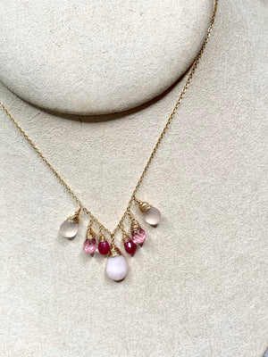 #729 pink opal, Ruby, pink tourmaline, rose quartz drops dangle 18” necklace I thought you were gonna eat your polenta