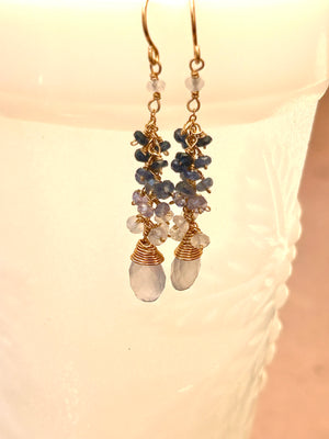 #743 blue chalcedony, sapphire, tanzanite, cluster earrings