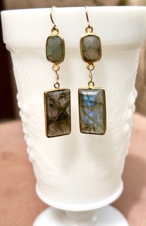 #670 Labradorite rectangle, dangle earrings