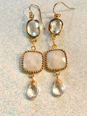 #500 white topaz drops, square moonstones, rectangle bezeled white topaz earrings