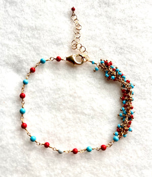 #536 turquoise and red coral chain cluster bracelet