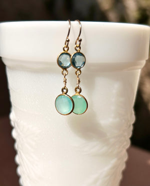 #788 2 round bezeled blue quartz/blue chalcedony earrings