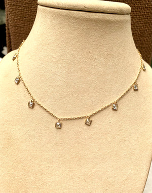 #566 square clear cz dangles gold 15” necklace