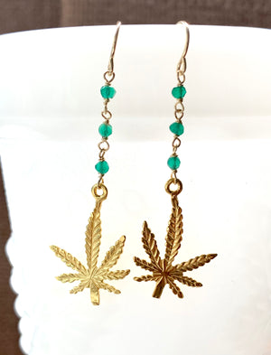 #713 left/right sway cannabis charm green onyx earrings