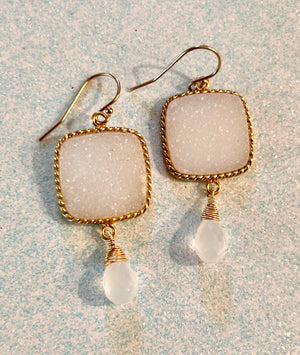 #503 Milky Crystal drops & large bezeled white druzy earrings
