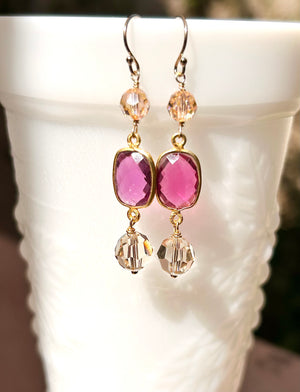 #792 fuchsia quartz/Swarovski crystal earrings