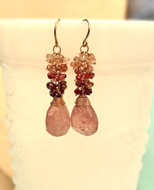 #758 pink quartz drops, garnet, pink tourmaline earrings