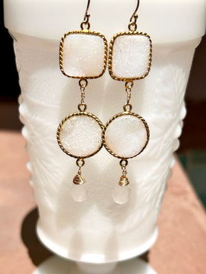 #498 Milky Crystal drops round & square white druzy long earrings