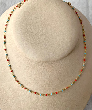 #573 red coral & turquoise 2mm 16” link chain necklace