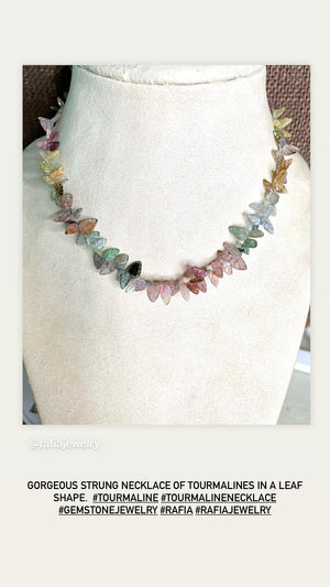 #546 tourmaline carved leaves necklace 14.5”-16.5”