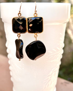 #810 large square/disc black onyx earrings