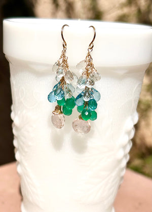#734 rose, quartz, green onyx, blue, topaz, aquamarine, Rose quartz drops earrings