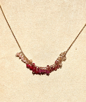 #733 Ruby, Garnet, rose quartz, pink opal dangle, 16” necklace