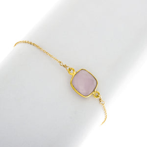 Medium Square Rose Quartz Bezel Gemstone Bracelete - BR216