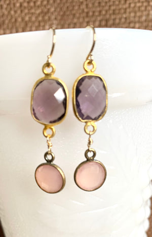 #464 pink chalcedony/amethyst bezeled earrings