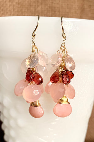 #398 pink opal,chalcedony,rhodolite garnet, rose Quartz drops earrings