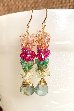 #483 moss aquamarine rainbow cluster earrings