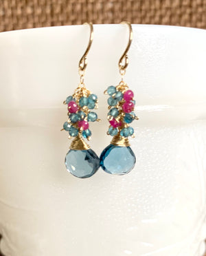 #488 London, blue topaz Ruby cluster earrings