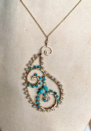 #379 white pearl/turquoise paisley necklace