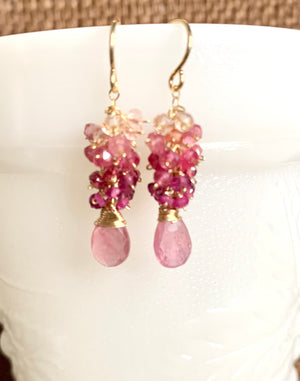 #487 pink tourmaline ombré cluster earrings