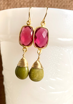 #468 Olive green opal drops/fuschia Quartz earrings