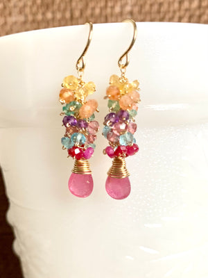 #484 Ruby rainbow cluster earrings