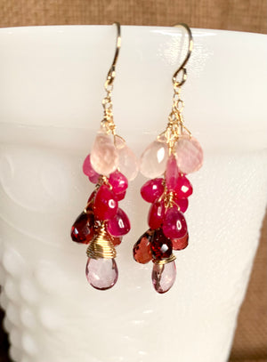 #399 pink topaz,rhodolite garnet,Ruby,rose Quartz drops earrings