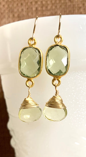 #476 citrine drops/green amethyst bezeled earrings