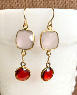 #461 garnet/pink chalcedony bezeled earrings