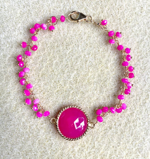 #299 round bezeled hot pink chalcedony dangle bracelet