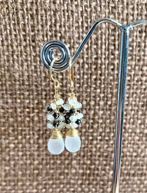 #124 Milky crystal drops/moonstone/black onyx cluster earrings