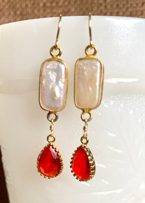 #463 red Quartz/pearl bezeled earrings