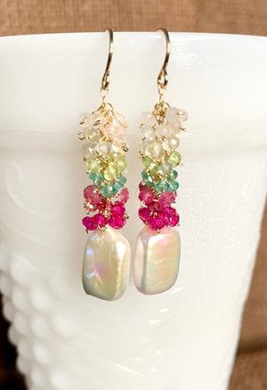 #402 rectangle pearl drops rainbow cluster earrings