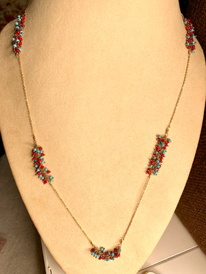 #169 turquoise/red coral clusters chain necklace