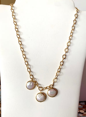 #239 3 bezeled coin pearl dangle necklace