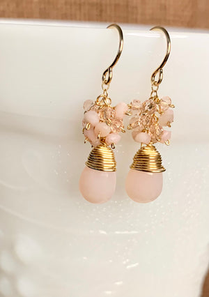 #396 pink opal drops cluster earrings