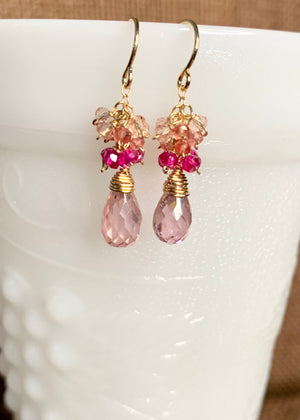 #397 pink cz drops ombré cluster earrings