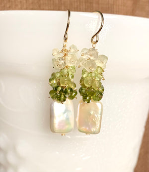#405 rectangle pearl drops green ombré earrings