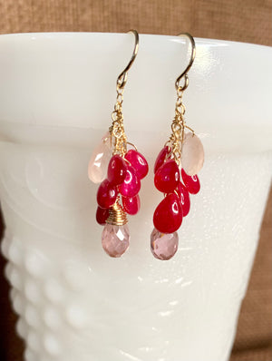 #400 pink cz,Ruby,rose Quartz drops earrings